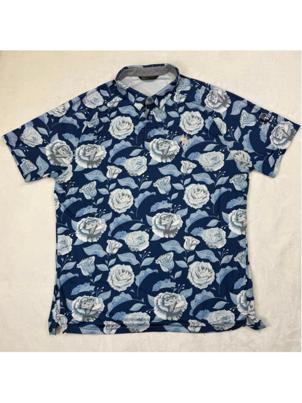 Men's Barstool Sports UNRL Blue‎ White Floral Polo Shirt XL Sky View Golf Club